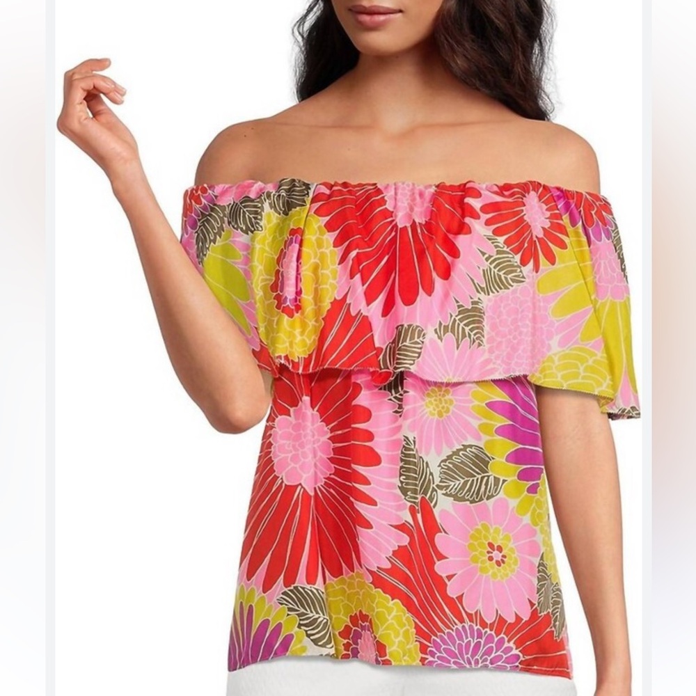 Trina Turk Agua Caliente Warm Sands Floral Silk Off Shoulder Tunic Top Size XS